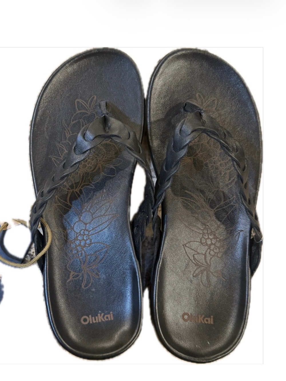 OluKai Lei Braided Leather Thong Sandals / Flip Flops - Black Size 8 - Picture 2 of 14